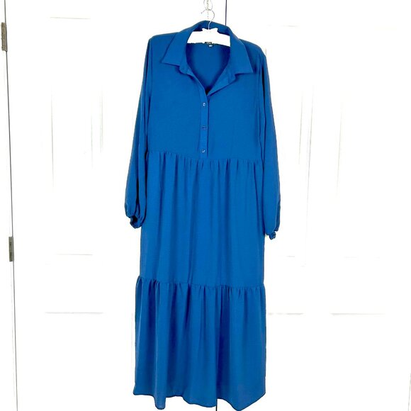Rachel Zoe Tiered Navy Midi Dress - Size L Drapey Relaxed Fit - Picture 1 of 9